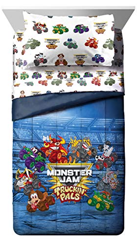 Image of Monster Jam Truckin Pals 5 Piece Twin Bed Set - Includes Comforter & Sheet Set - Bedding Features Grave Digger & Megalodon - Super Soft Fade Resistant Microfiber (Official Monster Jam Product) | Truckin Pals, Comforter Sheets Sham Pillowcase, Official Product, Soft Microfiber, Machine Washable, Easy Care, Boys Gift
