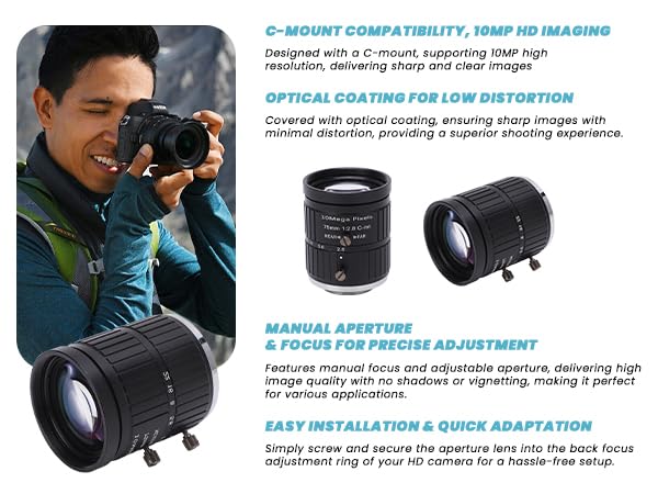 Téléobjectif C 75mm haute résolution 10 MP à diaphragme manuel