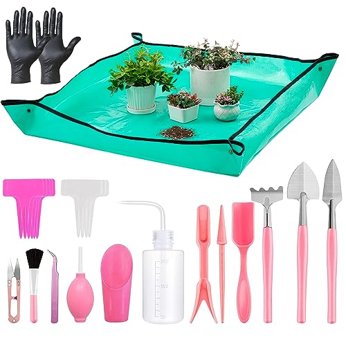 Melphoe 25Pcs Mini Garden Hand Transplanting Succulent Tools Set, 39.4' Thickened Repotting Mat...