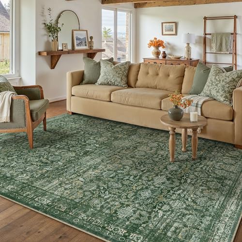 6x9 Beige Washable Neutral Area Rug Living Room Floral Non Slip Low Pile Throw Rug Vintage Traditional Stain Resistant Carpet Bedroom Kitchen Dining Room Office Playroom