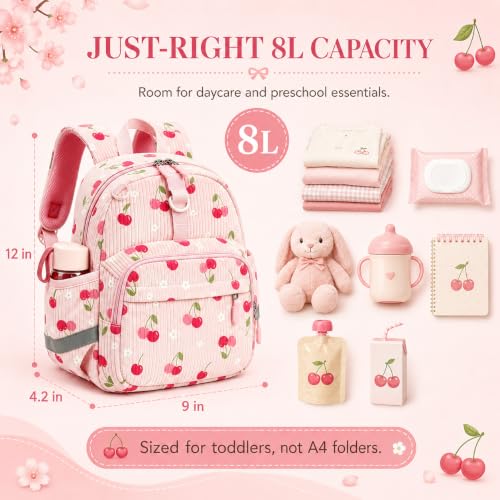Image of LOIDOU Toddler Backpack for Girls Ages 2-4, 12 Inch Mini Preschool Daycare Bookbag with Insulated Snack Pocket, Corduroy Small Kids Travel Backpack, Pink-cherry