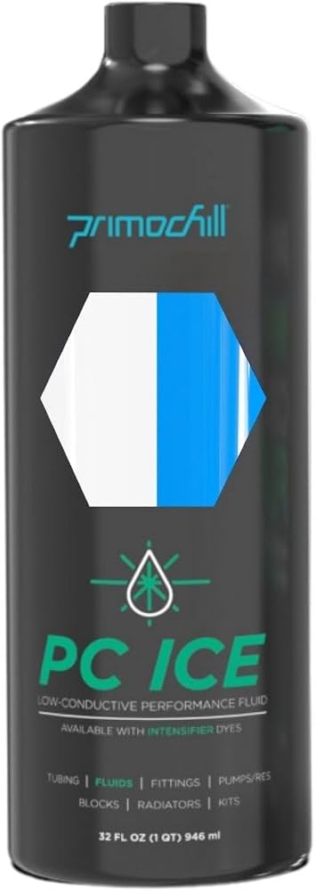 PrimoChill Ice - Computer WaterCooling Coolant, Fill and Forget, Low Viscosity, Low Chemical Content, Full Protection, Proudly Made in The USA (32oz/.9L) - Transparent Clear/UV Blue