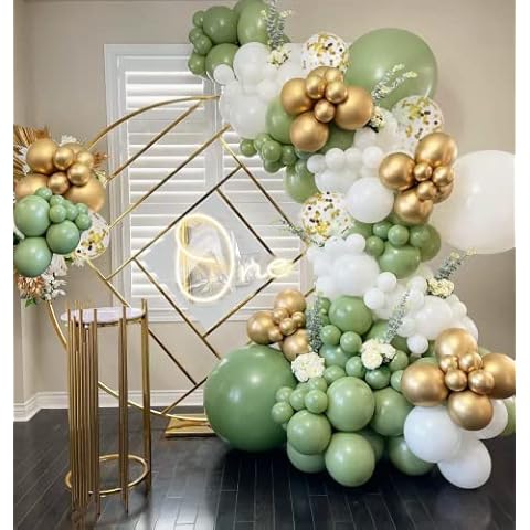 Sage Green Balloon Arch Kit, 102Pcs Olive Green Latex Party Balloons with White Balloon Gold Metallic Balloon Garland for Baby Shower, Birthday, Anniversary Party, Jungle Safari Party Decoration Cover