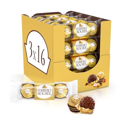 Ferrero Rocher Pralines, Bulk Chocolate Party Box, Birthdays, Gifting, Celebrations, Hazelnut Covered in Milk Chocolate and Nuts, Box of 16 x 3 (48pcs)