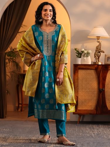 Image of Libas Woven Design Silk Blend Straight Kurta With Trousers and Dupatta