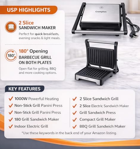 Image of Crompton ACGT-MAXCRISP2S 1000W Grill Sandwich Maker | 2 Slice Capacity | Non-Stick Grill Plates | LED Indicator | Removable Drip Tray | Non-Skid Feet | Silver (2 Slice)