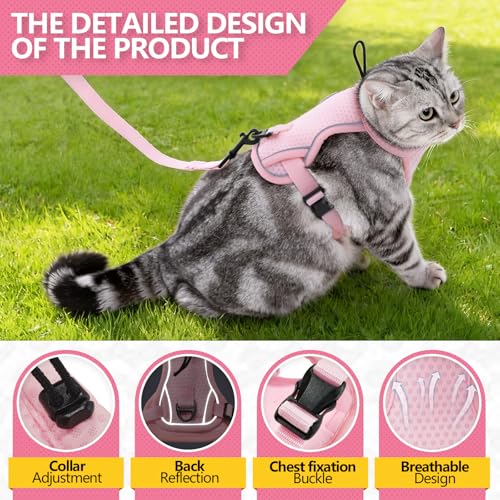 JOHNBOLIN Cat Harness and Leash Set - Escape Proof, Adjustable Breathable Vest Harnesses with Reflective Strips, Easy Control & Secure Walking for Small Medium Large Cats Kitten Collar (Pink, Large) - Image 4