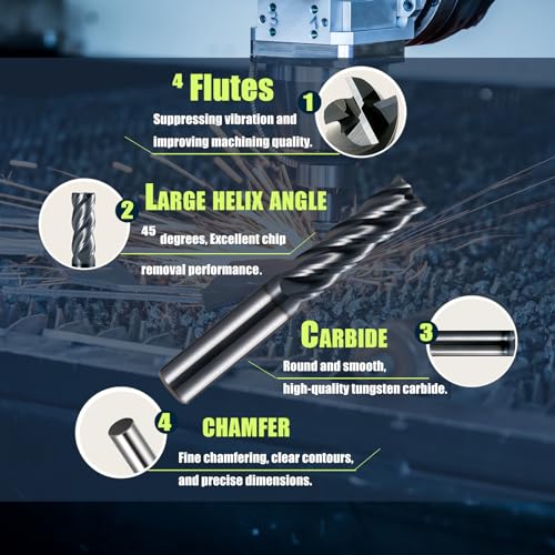 Image of 1 /8 inch Carbide Square Nose End Mill Set (5 Pcs), 4 Flute CNC Mill Bits Tools for DIY & Professional, Solid Carbide Cutter (Tungsten Carbide + Cobalt) for Milling Steel and Metals (5Pcs, 1 /8)