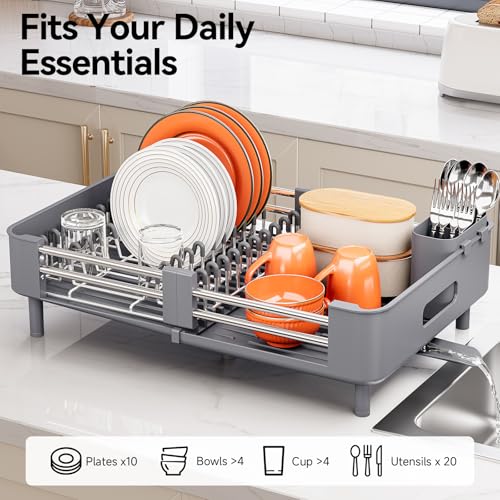 Image of Urackify Stainless Steel Dish Drying Rack - Dish Drainer for Kitchen Counter, Extendable Drainboard with Foldable, Space-Saving Cup & Bowl Organizer, Includes Knife and Utensil Holder, Gray