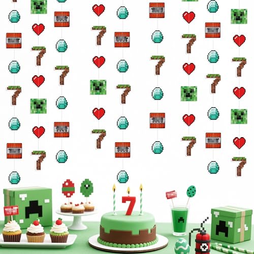 Image of 46Ft Pixel 7th Birthday Party Decorations Green Brown Miner Themed Garland Streamer for Boys 7th Mining Craft Birthday Pixel Miner Gamer Cartoon Mining Party Decor Supplies