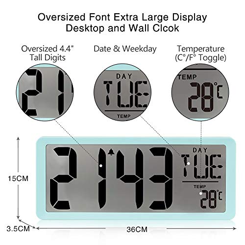 TXL Large Jumbo Digital Wall Clock-14.17" Electronic Alarm Clocks for Kitchen Office Hotel Lobby Gym, Count up-down Timer, No Light, Oversized Time Calendar/Temperature Display(Battery Included), Blue - Thumbnail 3