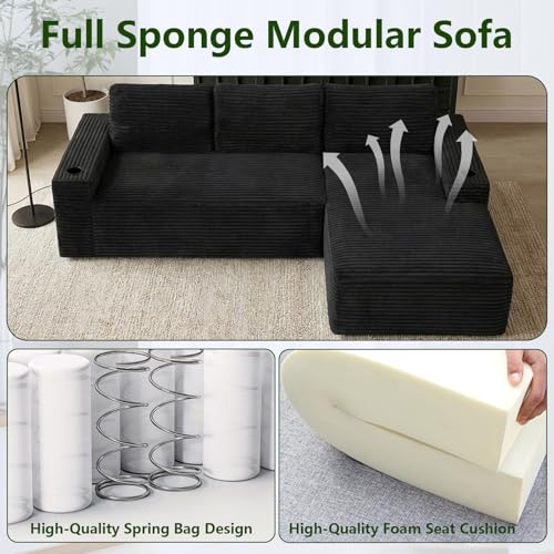 Image of 104.3 inch Modular Sectional Sofa,Modern Corduroy Cloud Couch with Cup Holder & Side Pockets,Boneless Couch Upholstered 4-Seater L-Shaped Sofa for Living Room,No Assembly (Black, Right-Facing Chaise) | with Cup Holder