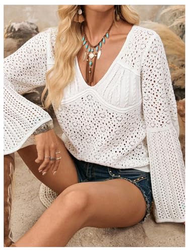 SOLY HUX Women's V Neck Hollow Out Boho Sweater Long Bell Sleeve Shirts Beach Coverup2