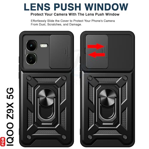 Image of AESTMO Tough Armor Compatible with iQOO Z9X 5G Bumper Back Case Cover | Ring Holder & Sliding Camera Shield Cover | 360 Degree Protection Back Case Cover iQOO Z9X 5G (Black)
