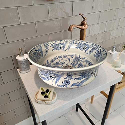 Bathroom Vanity Vessel Sink, Floral Washbasin, Half Bathroom Sink, Pottery Round Decorative Sink, Ceramic Bathroom Deco, Bathroom Remodeling (Diameter: 30 Cm - 12 Inches)