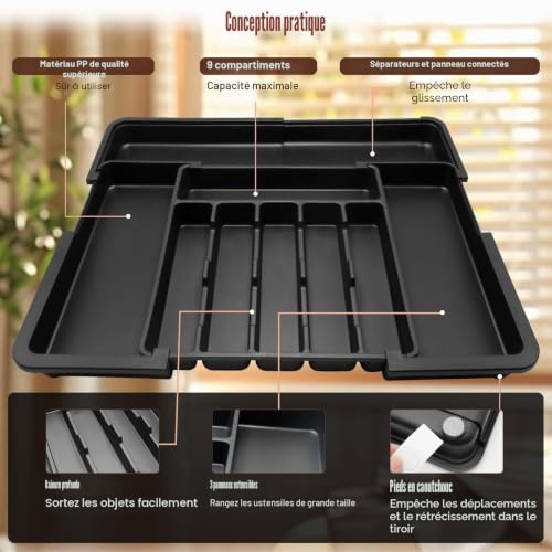 Veftsvy Range Couverts pour Tiroir, Organisateur Tiroir Extensible, 9 Compartiments, Noir – vue 4