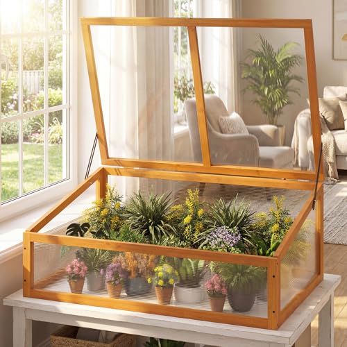 FANTASK Frühbeet Gewächshaus, 94 x 63 x 40 cm, Frühbeete Hochbeete mit Abdeckung, mini Gewächshaus, Treibhaus, Frühbeetkasten Aufsatz für Garten, Terrasse & Balkon (Orange)