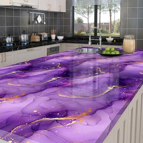 HOMETITUTE Glossy Purple Marble Wallpaper Peel and Stick 15.7x39.4 Self Adhesive Removable Contact Paper Watercolor Gold Vein Decorative Vinyl for Wall Cabinet Countertop Shelf Door DIY
