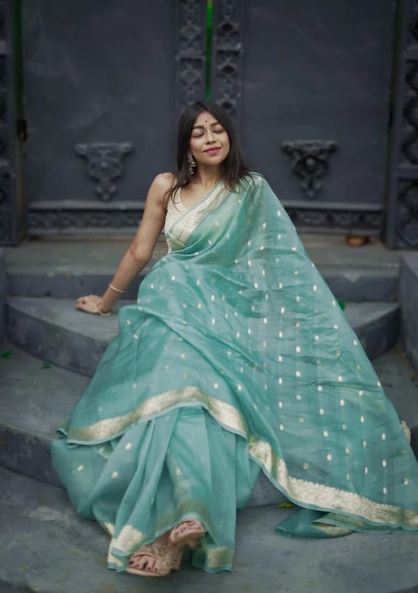 Flosive Women's Cotton Saree With Blouse Piece (Sky)