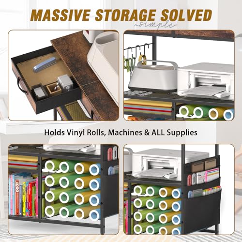 Rolling Craft Cart with 16 Vinyl Roll Holders, Craft Workstation Table with Drawers & Storage, Mobile Craft Cart Compatible with Cricut Machines, with Hooks & Shelves for Craft Room, Home, DIY (Brown) - Image 7