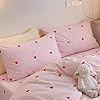 Sedefen Pink Striped Duvet Cover Queen Size Cute Red Heart Bedding Set 3 Pcs Kids Girls Kawaii Stripes Heart-Shaped Soft Breathable Microfiber Reversible Comforter Cover with Zipper Closure #1