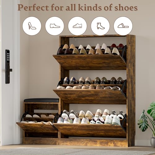 Image of BORNOON Shoe Cabinet with Bench and 3 Flip Drawers, Slim Narrow Shoe Storage Cabinet, Freestanding Shoe Rack Organizer with Adjustable & Removable Shelves, Anti-Tip for Entryway, Hallway, Foyer