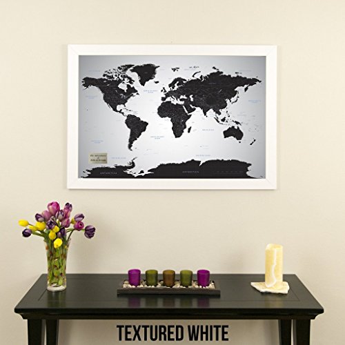 Push Pin Travel Maps Personalized Black Ice World With Textured White Frame With Pins - 27.5 Inches X 39.5 Inches #TOP1