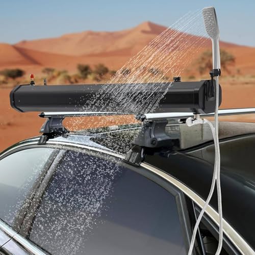 Ducha de camping portátil con calefacción solar, tanque de agua autopresurizado con cabezal de ducha y tubería de agua, ideal para duchas al aire libre