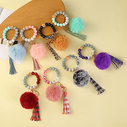 Adsiasia Pom Pom Keychain Key Ring Bracelet Beaded Silicone Wristlet Leather Tassel Rabbit Fur Puff Ball Wood Beads Key Chain Car Cute Wrist Keychain For Woman Pink #TOP6