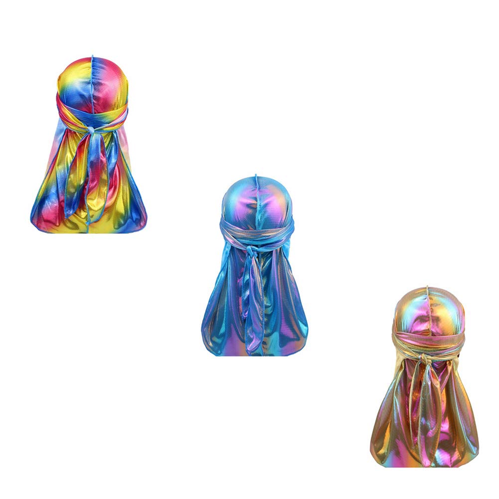 Military Camouflage Premium Silky Durags with Long Tail Colorful 360 Waves Doo rag for Men Du rag Cap (3/4 Packed), Z1-Holographic Rainbow-3 Packed, M