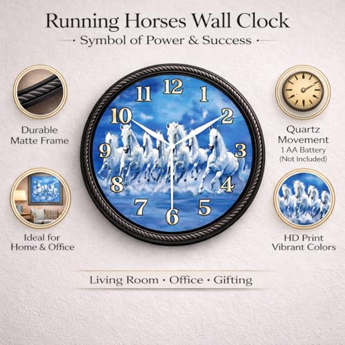 Image of AmeraKart- 7 Running White Horses Analog Wall Clock 10 Inch - Vastu Inspired Positive Energy Horse Wall Decor I Free Adhesive Hook | No Drill Installation I Living Room, Office Cabin & Home (Blue)