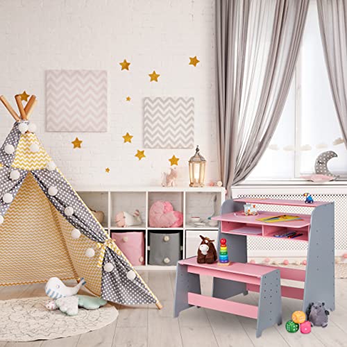 Relaxdays Mesa y Banco Infantil, 2 Compartimentos, Escritorio Regulable en Altura Niños, 88 x 90 x 48 cm, Rosa/Gris - imagen 2