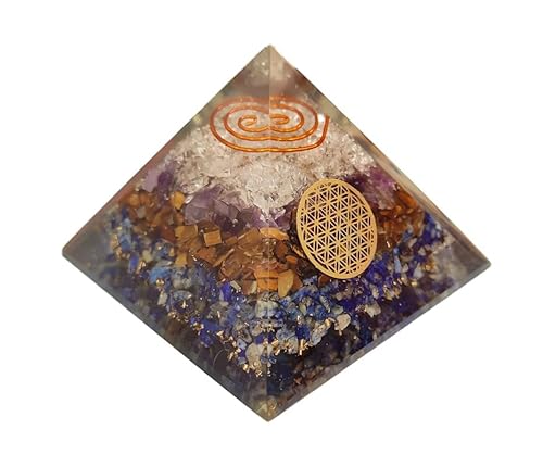 BHHROOM Clear Quartz, Amethyst, Tiger Eye & Lapis Lazuli Flower of Life Orgone Pyramid