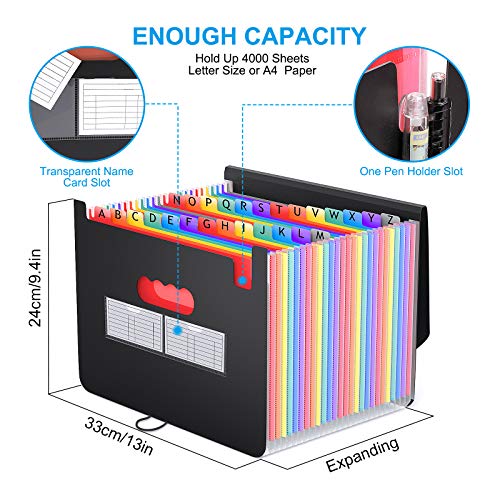 BluePower 26 Pockets Accordian File Folder Organizer, Expanding Filing Box A4 Letter Size Expandable Plastic Folders, Portable Accordion Document Paper/Bill/Receipt/Files with 3 Pcs A-Z Alphabet Tabs