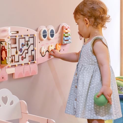 Image of ROBOTIME Crocodile Busy Board Wall Panels for Toddlers, Pink Montessori Sensory Activity Board, Montessori Sensory Wall-Mounted Learning Center Toy for Kids Room, Educational Toys for Boys & Girls