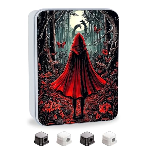 Image of Metal Tin Box with Lid,Multi-functional Storage Box Can Store Tea Biscuits Game Cards, Playing & Tarot Cards-Comes with 4 Magnetic Cord Clips,Red Hood in Forest