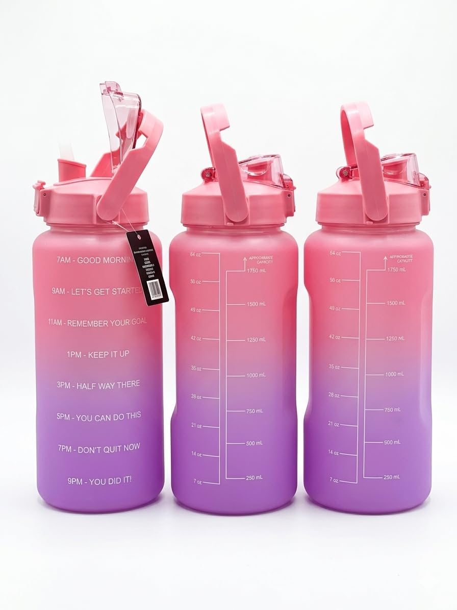 Motivational Water Bottle with Time Markers, 64 oz, Pink to Purple Gradient, Flip Lid with Straw