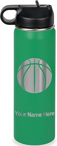 Miniatura 36 de LaserGram Botella de agua personalizada, pelota de baloncesto, acero inoxidable de doble pared aislada al vacío con popote superior, regalo grabado