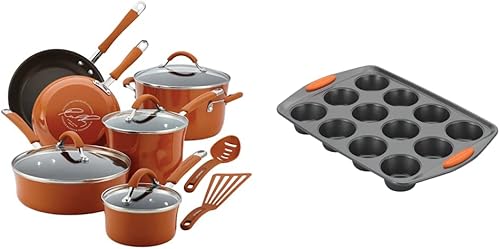 Rachael Ray Cucina - Juego de ollas y sartenes antiadherentes, 12 piezas, naranja calabaza y Yum -o, utensilios antiadherentes para hornear, 12