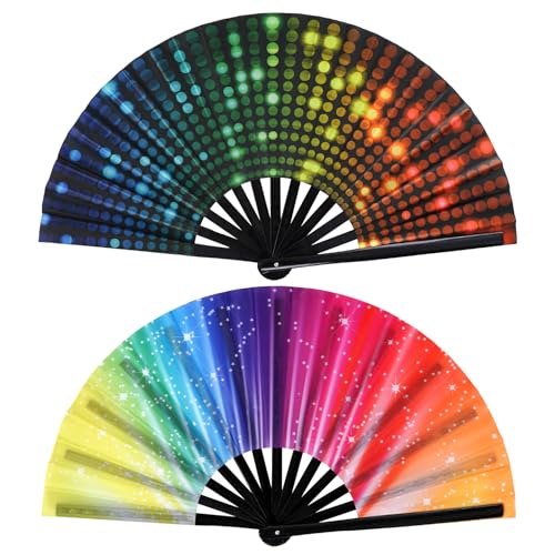 HOVEOX 2 Pieces Big Folding Fans Colorful Handheld Fan Large Folding Hand Fan Foldable Hand Fans for Party (Colorful)