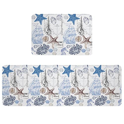 Debedcor Ocean Theme Beach Kitchen Rugs and Mats Set of 2, Coastal Starfish Non-Skid Bathroom Rugs, Nautical Seashell Rug Kitchen Runner Floor Mat for Sink/Laundry Room/Office, 19.7