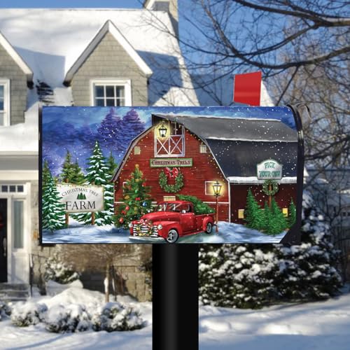 Image of Briarwood Lane Christmas Tree Farm Large Magnetic Mailbox Cover Red Pickup Oversized