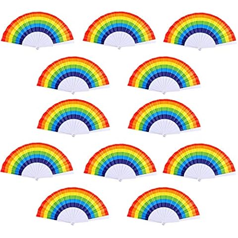 TKMOS 12 Pack Rainbow Folding Fans Colorful Hand Held Fan, Rainbow Party Decoration Hand Folding Fans for Women/Men Cover