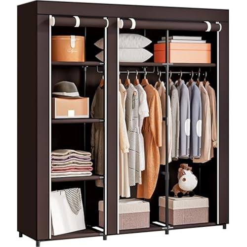 SORCEDAS Portable Closet Wardrobe with Hanging Rods Shelves Clothes Storage