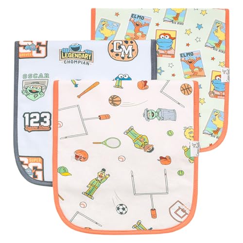 Image of Copper Pearl Baby Burp Cloths 3 Pack, Cotton Burp Cloths, Absorbent Spit Up Rags, Sesame Street Varsity Friends Set