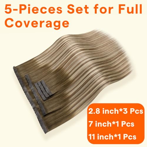 Image of Full Shine Butterfly Weft Hair Extensions 22 Inch 100G 5Pcs for Long Hair | Balayage Olive Brown to Ash Brown Mix Blonde, Breathable PU Holes Hairpieces, Straight Remy Hairpiece, Daily Wear Solution