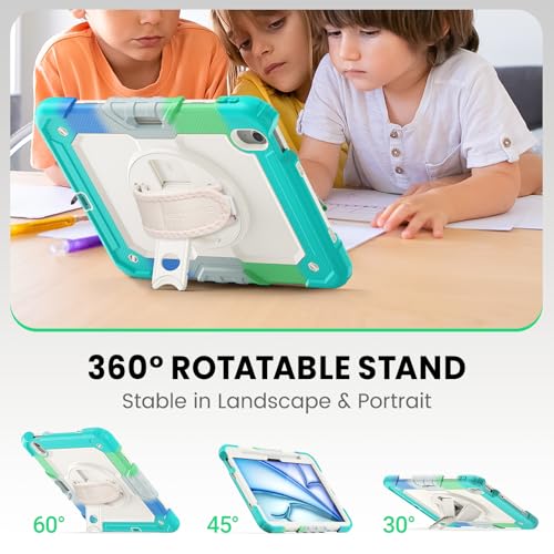 Image of SEYMAC Kids Case for iPad Air 11 Inch M4 / M3 / M2 (2026 /2025 / 2024), Heavy Duty Shockproof Protective Case with Screen Protector, Rotating Stand and Hand /Shoulder Strap, Colorful Blue