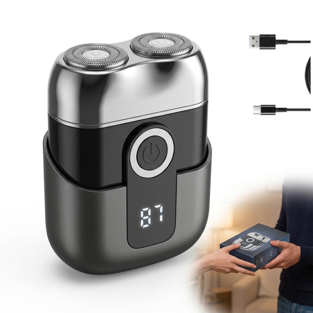 Mini Afeitadora Eléctrica para Hombre, Afeitadora de Viaje Impermeable con Pantalla LED, Carga Rápida USB-C, Silenciosa, Portátil y Compacta para Barba, Cabeza y Bigote - Gris