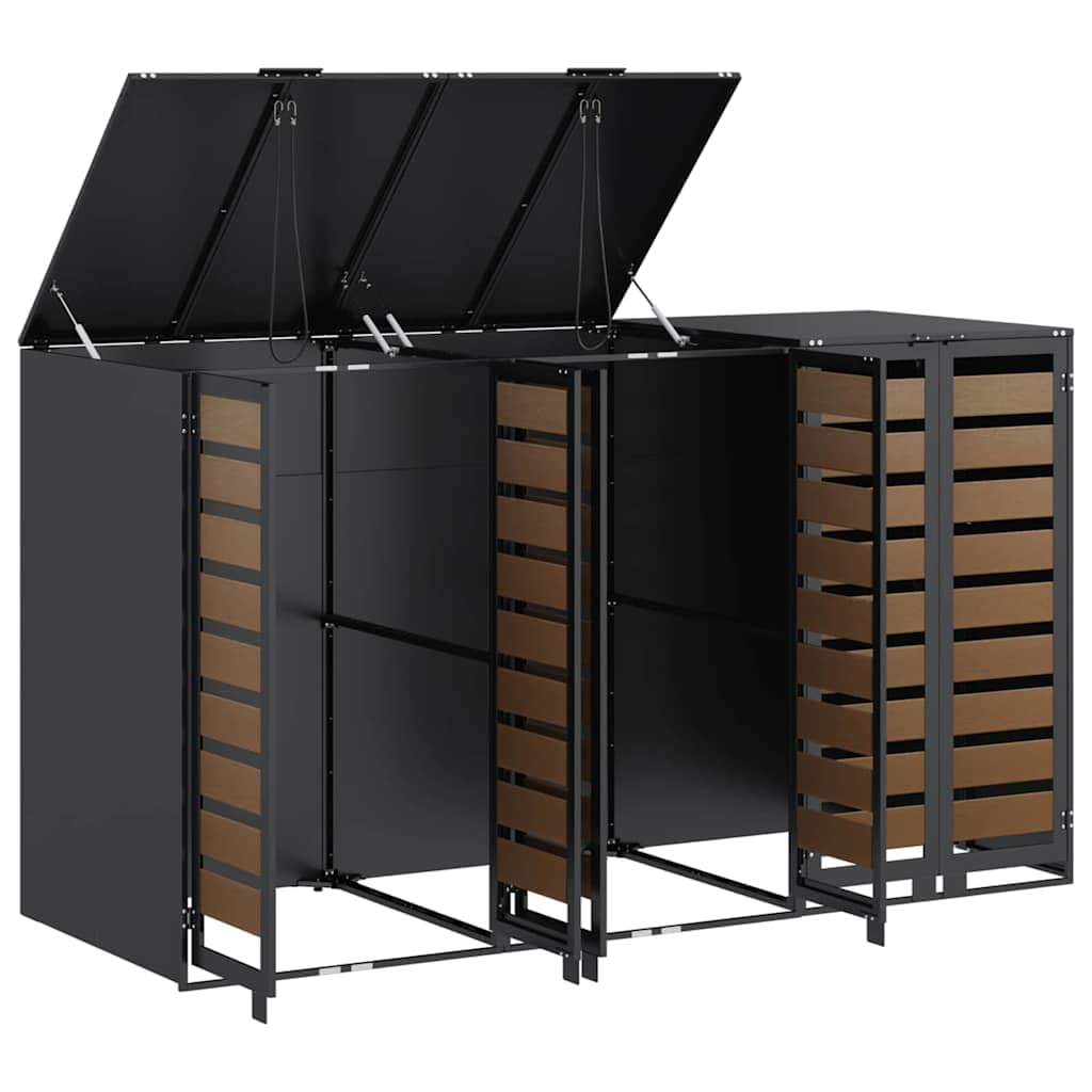 ACAGALA Copribidone per Spazzatura per 3 Bidoni 120 e 240L con Coperchio, Antracite, Acciaio Inox Resistente alle Intemperie & Porta con Superficie in Legno, 2 Ante e Design Espandibile, 65x73x113 cm