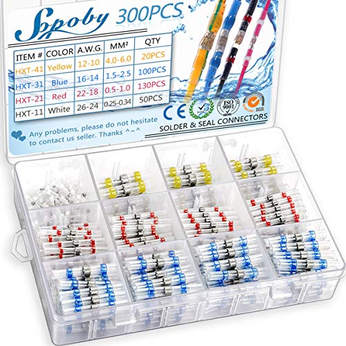 300 Pcs Solder Seal Wire Connectors, Sopoby Heat Shrink Solder Connectors Butt Connectors Electrical Wire Connectors Terminals Waterproof Marine Automotive Connector Kit #TOP17